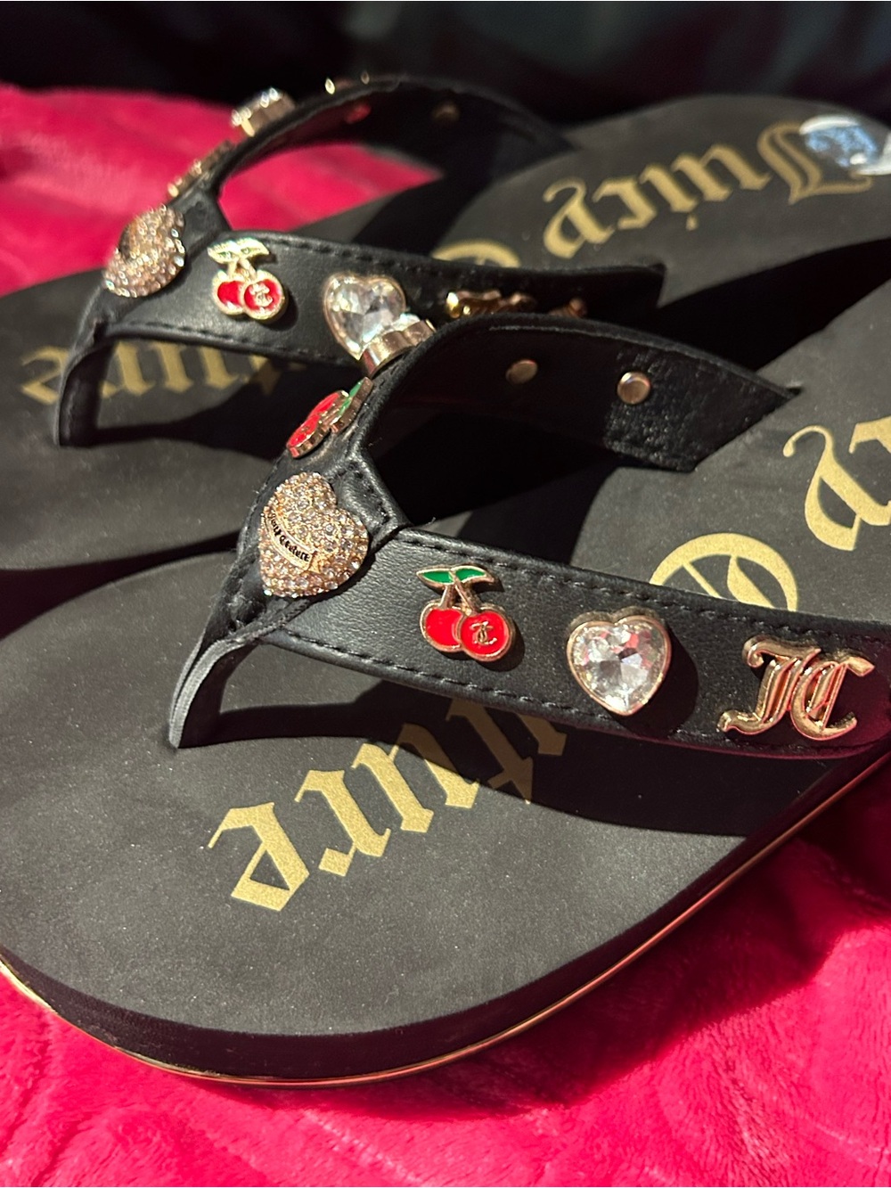 Juicy Couture Black and Gold Wedge Flip Flops with Charms